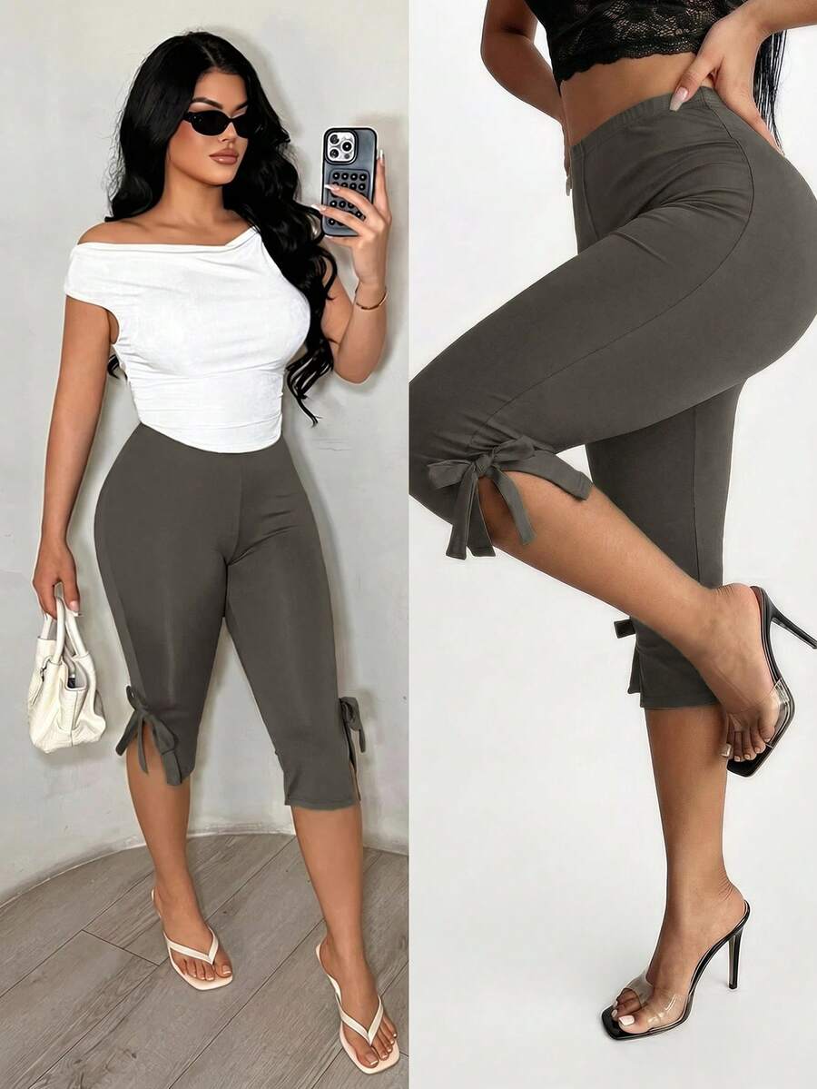 SHEIN SXY 女士休闲纯色打结开衩修身七分裤,适合日常通勤 - 灰色 - 查看 1