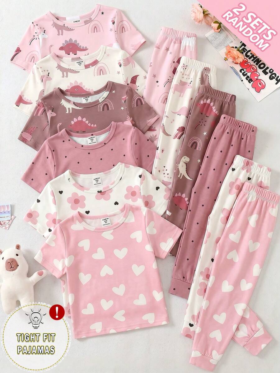 Randomly Ships 2 Of 6  Sets  Girl' Cartoon Dinosaur & Heart Flower Print Cute Sweet Pink Short Sleeve Top Matched With Pants Set,  Snug Fit