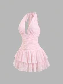 Nuevo vestido mini con textura de encaje y lazo, dulce y elegante, adecuado para fiestas y celebraciones de cumpleaños, Primavera/Verano 2026 - Rosa - Ver 7