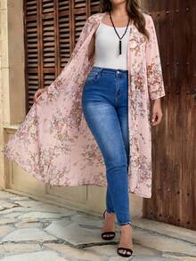 EMERY ROSE Plus Size Women Casual Floral Print Long Jacket - Pink - View 5