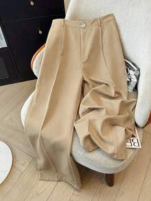 GlowEve CURVE Plus Size Women's Elegant Rose Gold Metal Decor Elastic Waist Side Zipper Straight Leg Long Pants, Suitable For Spring & Summer - Khaki - View 3