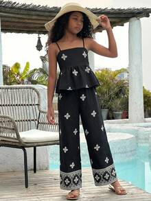 SHEIN 青少年女孩刺繡細肩帶背心與休閒長褲套裝 度假風 黑色 夏季 - 黑色 - 查看 2