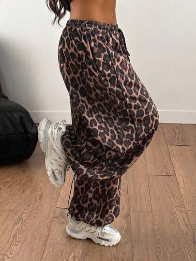 Coolane Women's & Men's Plus Size Summer Outfits Going Out Minimalist Basic Daily Wear Streetwear Casual Sportswear Baggy Leopard Print Mid Rise Wide Leg Elastic Waistband Sweatpants Oversized Inclusive Sizing Pant