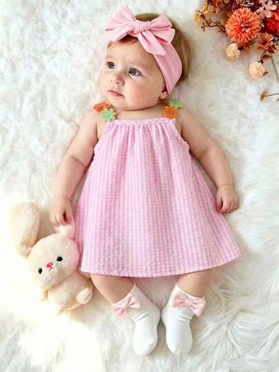 SHEIN Đầm hai dây họa tiết hoa nhiều màu sắc cho bé gái sơ sinh, mùa hè