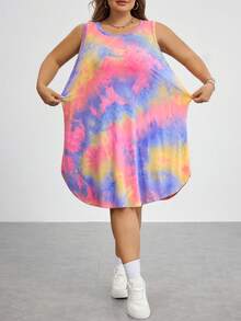 SHEIN CURVE+ 大码女式扎染印花无袖休闲连衣裙,女士夏季服装,女士防晒裙 - 彩色 - 查看 4