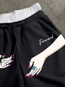 Manfinity ZONE917 Quần short nam in chữ, cạp chun, kiểu dáng thường ngày, đa năng, có dây rút. - màu đen - Xem 2