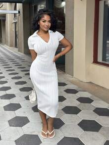 Alexandranx Vestido de mujer de tela de punto ondulado blanco, de manga corta, cuello en V, modelo básico, elegante y casual, de silueta esbelta y falda larga - Blanco - Ver 4