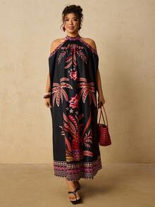 Vestido de verano casual con estampado floral y hombros descubiertos para mujer de talla grande - Negro - Ver 8