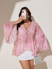 Viva Relle Áo kiểu dáng cỡ lớn chất liệu chiffon in họa tiết nhuộm tie-dye lãng mạn kiểu Pháp, cổ chữ V rộng rãi, tay loe, thoải mái cho những buổi đi chơi mùa xuân/hè. - Hồng - Xem 6