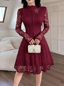 Feyla Women's Elegant Solid Color Lace Mini Dress - Burgundy - View 4