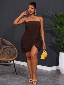 Slaydiva Đầm mini ôm sát cúp ngực vân nổi màu nâu chocolate cho nữ size lớn, phong cách gợi cảm, phù hợp đi du lịch, đi biển, dự tiệc cocktail, đi chơi mùa hè - màu nâu - Xem 3