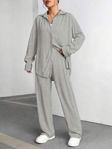 Flirla Ladies' Solid Color Drop Shoulder Long Sleeve Shirt And Pants Two-Piece Set - Grey - View 5