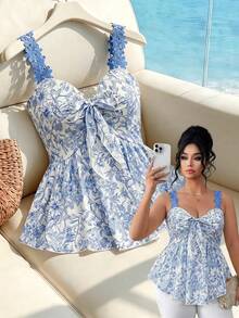 Elenzga Plus Size Women's Elegant Floral Print Ruffle Trim Camisole Top With Cinched Waist, Summer - Blue - View 1
