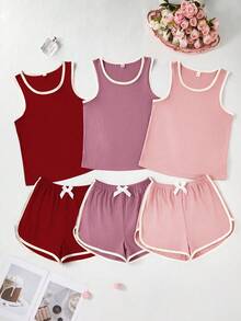 Snug Zone 6pcs/Set Women Contrast Trim Casual Camisole And Shorts Pajama Set, Multi-Color - Multicolor - View 3