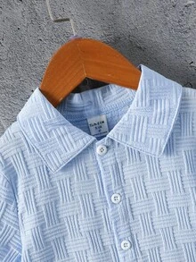 SHEIN Casuvi Kids 夏季少年 Masson 纯色质感 翻领衬衫套装短裤 - 藍色 - 查看 3