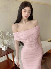 NOVVYNE 女士露肩褶皱腰身优雅婚礼/场合礼服 - 淺粉色 - 查看 6