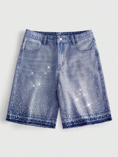 ROMWE MEN Street Life Quần short denim nam kiểu dáng thường ngày có túi và trang trí đính đá.