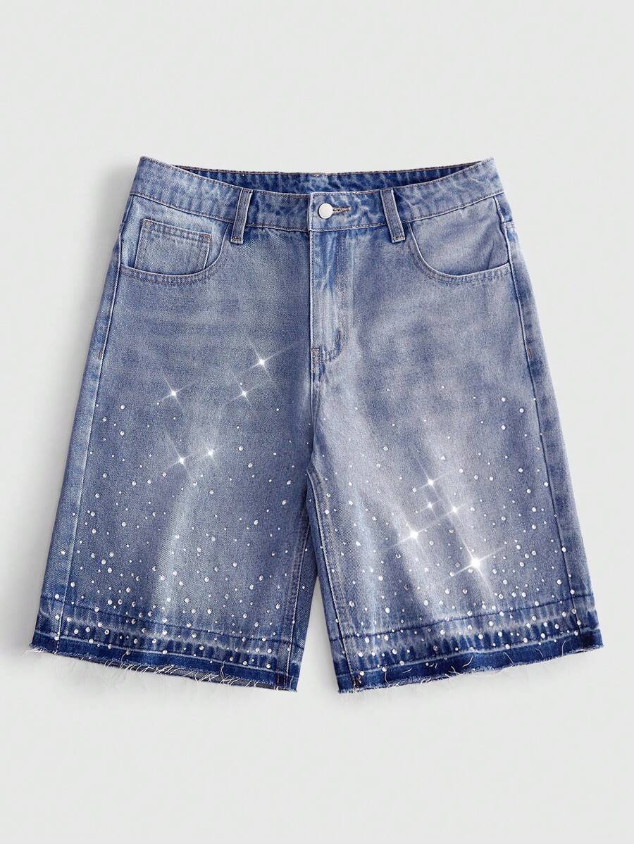 ROMWE MEN Street Life Men's Casual Denim Shorts With Pockets & Rhinestone Decor - Blue - View 1