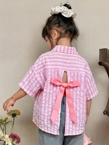 SHEIN Young Girl Summer Casual Striped Shirt With Bow Decor - Multicolor - View 2