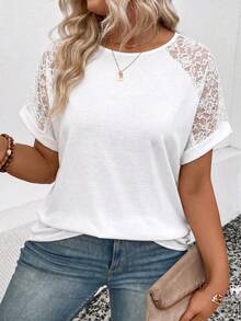 EMERY ROSE Women's Spring/Summer New Arrival Lace Patchwork Round Neck Short Sleeve Casual Versatile Plus Size T-Shirt - White - View 5
