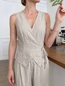 Easowa Bộ đồ nữ mùa hè kiểu dáng thường ngày gồm áo vest buộc dây và quần dài (2 món) - Màu Khaki - Xem 6