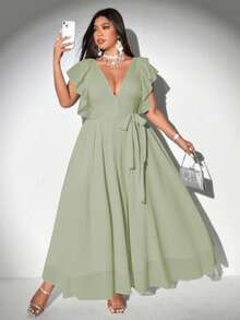 Viva Relle Đầm chiffon dáng chữ A thanh lịch, lãng mạn, cổ chữ V buộc dây, tay bồng dành cho phụ nữ cỡ lớn - màu xanh lá - Xem 1