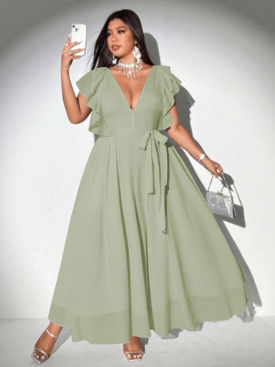 Viva Relle Đầm chiffon dáng chữ A thanh lịch, lãng mạn, cổ chữ V buộc dây, tay bồng dành cho phụ nữ cỡ lớn - màu xanh lá - Xem 1