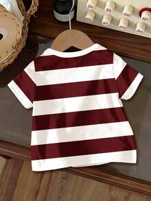 SHEIN Baby Boy Casual Striped Cartoon Bear Print Short Sleeve Top, Suitable For Spring/Summer - Multicolor - View 3