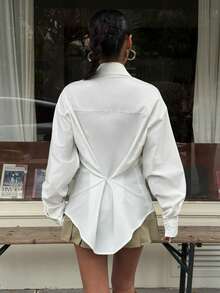 Muchica Women's White Waist Cinching Long Sleeve Shirt With Necktie - White - View 2