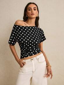 Poéselle Women's Polka Dot Print Asymmetric Shoulder Short Sleeve Fashionable T-Shirt - Black - View 4