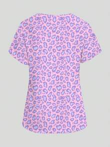 PopScrub Purple Leopard Print Nurse Scrub Uniform Top, V-Neck Short Sleeve Design With Pockets And Side Slits, Fashionable Spring/Summer Work Wear, Cute Scrub Top, Nursing Scrub Uniform - White - View 2
