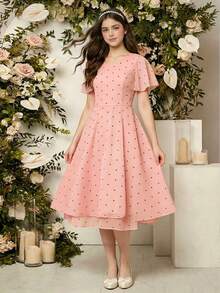 SHEIN Teenager Mädchen Rosa Chiffon elegantes Kleid, Frühling/Sommer Chiffon bedrucktes Polka Dot Kleid mit Rüschensaum, leichtes weiches Material, geeignet für Urlaub, Hochzeitssaison, verschiedene Ballveranstaltungen, formelle Anlässe - Pink - Übersicht 4