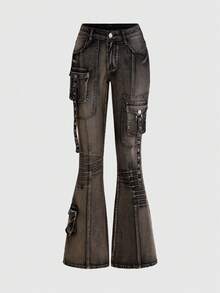 ROMWE Grunge Punk Jeans acampanados de tiro súper bajo con remaches de metal desgastados en estilo punk - Negro - Ver 5
