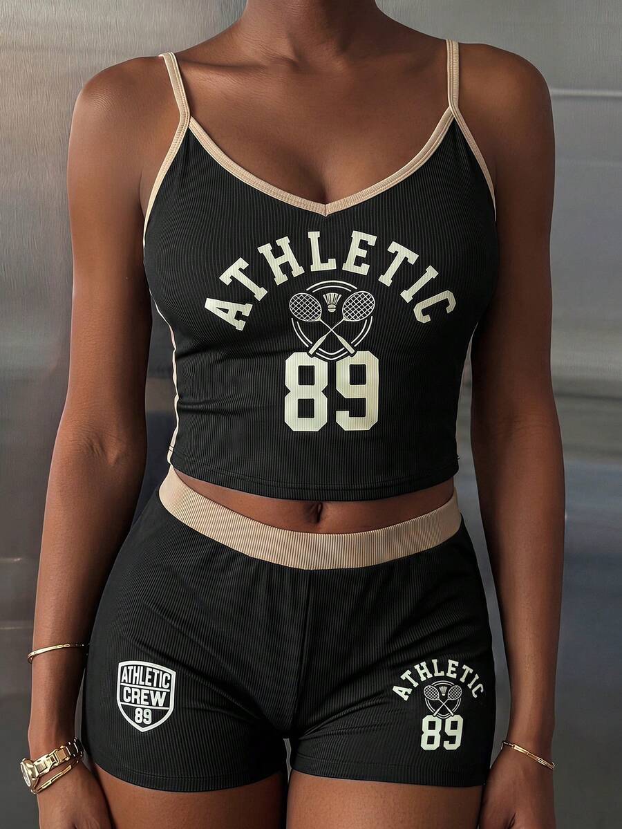 Livesso 2pcs/Set Women's Numeric Graphic Fitted Contrast Trim Adjustable Strap Crop Top And Shorts Pajama Set, Summer - Black - View 1