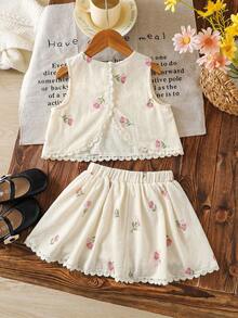 Emery Rose Kids Emery Rose Kids 女童两件套：碎花蕾丝边无袖上衣和裙子 - 淺粉色 - 查看 3