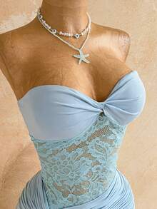 Nuevo vestido mini ajustado con dobladillo con cordón, estilo bohemio para fiesta, banquete, vacaciones, crucero, playa, con encaje twist bandeau, rosa transparente vintage - Celeste - Ver 12