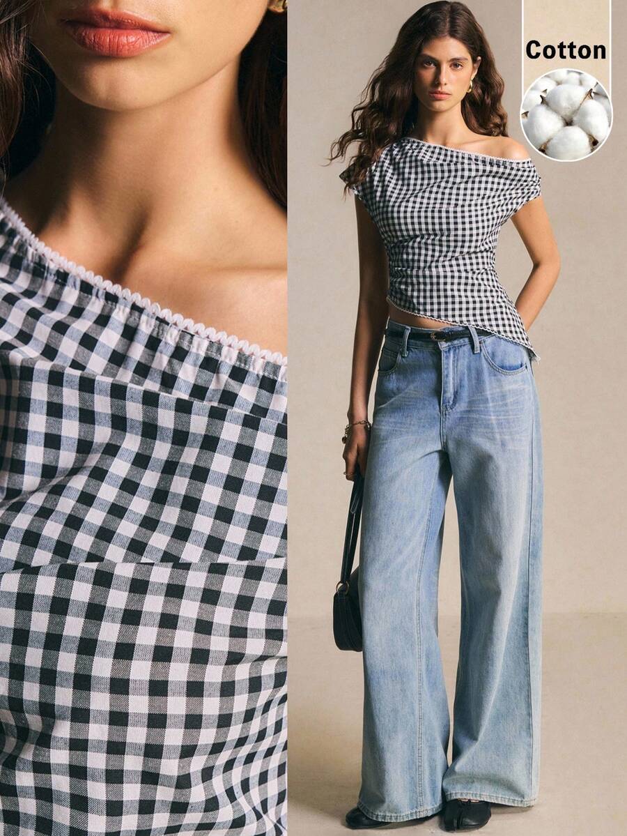 Poéselle 女款純棉不對稱肩格紋抓皺上衣,黑白短版夏季襯衫,巴黎風優雅早午餐鄉村風 - 黑與白 - 查看 1