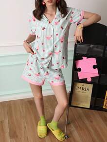 Chillnights Young Striped Cherry Fruit Pattern Cardigan Women Pajama Set - Multicolor - View 4