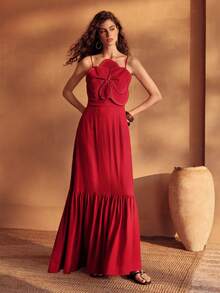 MOTF PREMIUM WOMEN'S SPRING/SUMMER VISCOSE LINEN BLEND DRESS WITH 3D FLORAL DECOR, VACATION STYLE - Red - View 3
