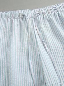 Pantalones Casuales a Rayas Amarillas para Mujer , Textura de Burbujas, Cintura Alta, Pierna Ancha, Corte Holgado, Cintura Elástica con Cordón, Pantalones de Pana - Azul 2 - Ver 3