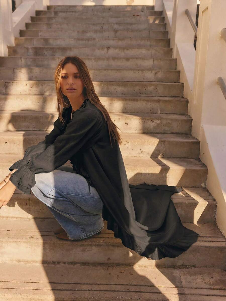 Aralina Váy maxi dài tay kiểu boho mùa đông, xếp ly phía trước. - màu đen - Xem 1