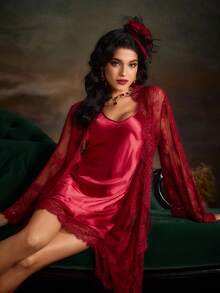 PinupPomp Set Lingerie Seksi Wanita 2pcs/Set Warna Merah Anggur dengan Hiasan Renda - Burgundy - View 6