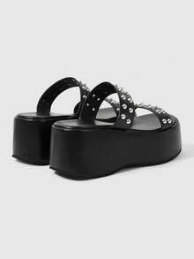 ROMWE Grunge Punk Sandalias negras de verano con puntera abierta, con cristales brillantes, estilo gótico Y2K para mujeres, sandalias de plataforma transparente con cuña dulce, para Halloween - Mate negro - Ver 3