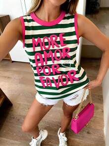 DrmWander Canotta casual da donna con scollo rotondo, con stampa a lettere e righe, con bordi a contrasto - Multicolore - Visualizzare 3