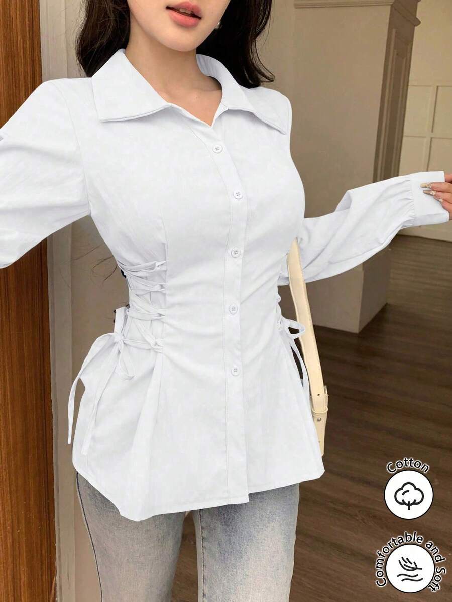 Modelyn 女士单排扣抽绳系带时尚衬衫,百搭 - 白色 - 查看 1