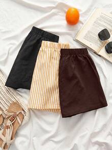 Set de 3 pantalones cortos de lino de colores múltiples tejidos de moda para mujer en verano, atuendos de verano para mujer, ropa de verano, Coachella, atuendos de festival para mujer - Marrón - Ver 2