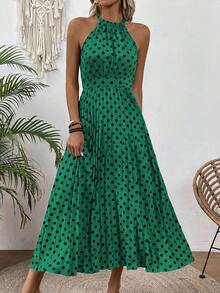 EMERY ROSE Women's Polka Dot Halter Sleeveless Dress Maxi Vacation Beach Outfit - Dark Green - View 4