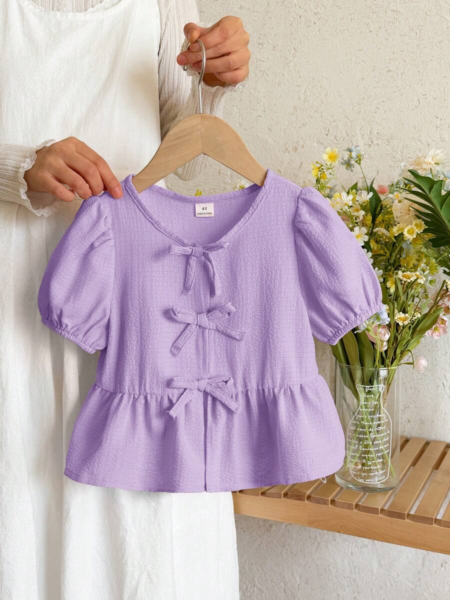 SHEIN LMoss Kids 少女休閒素色圓領短袖套頭上衣 - 紫色 - 查看 1