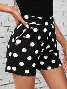 SHEIN Clasi Shorts Casuais Femininos com Bolso e Estampa de Bolinhas - Preto e Branco - Visão 5