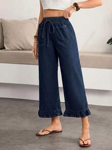 Breezaya Women's Fashionable Versatile Drawstring Waist Pocket Ruffle Hem Jeans - Blue - View 3